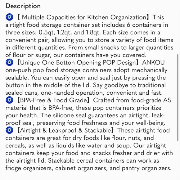 Ankou Airtight Food Storage Container Sets with Lids 6Pcs Pop Containers